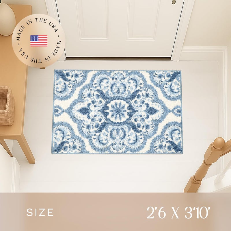 Maples Rugs Vivian Medallion Area Rug â€“ Made in USA â€“ Washable, Non-Slip Indoor Carpet for Kitchen, Entryway, and Living Room, 2'6 x 3'10, Blue/White - Image 3